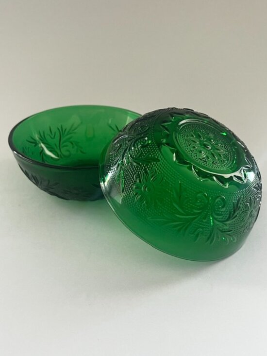 Other - Emerald Green Pressed Glass Bowls Floral Textured - Set of 2